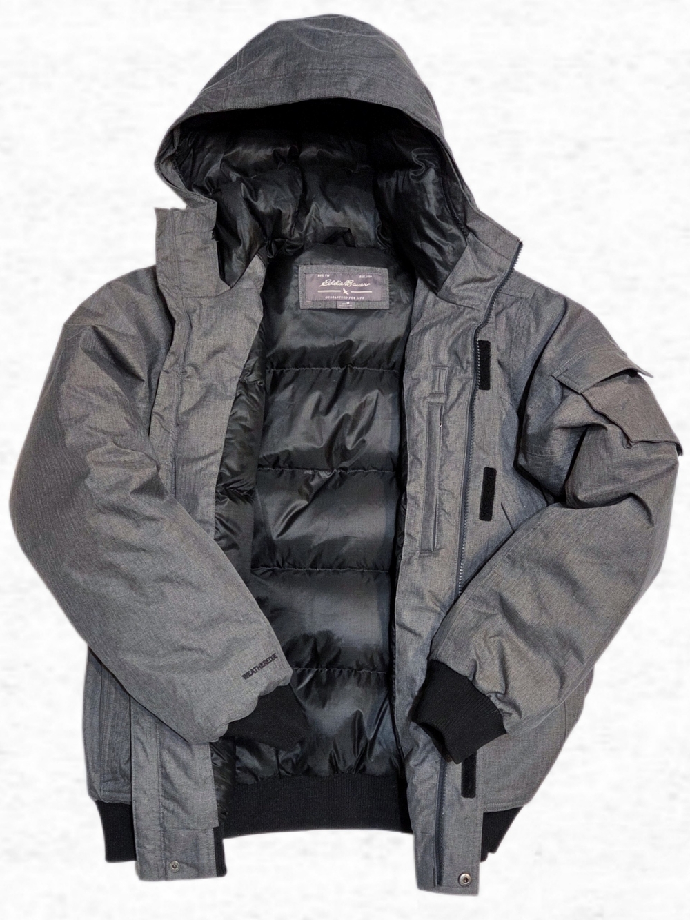Eddie Bauer Mens Medium Superior Down Bomber Hooded Waterproof Coat Grey Black